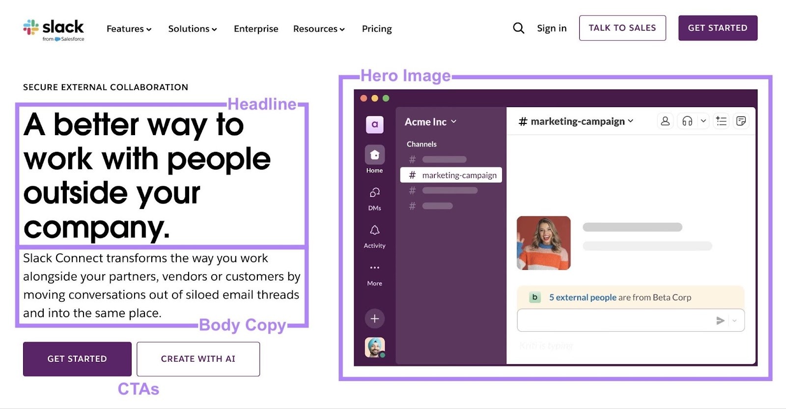 A landing page by Slack with the headline, body copy, CTAs, and hero image highlighted.