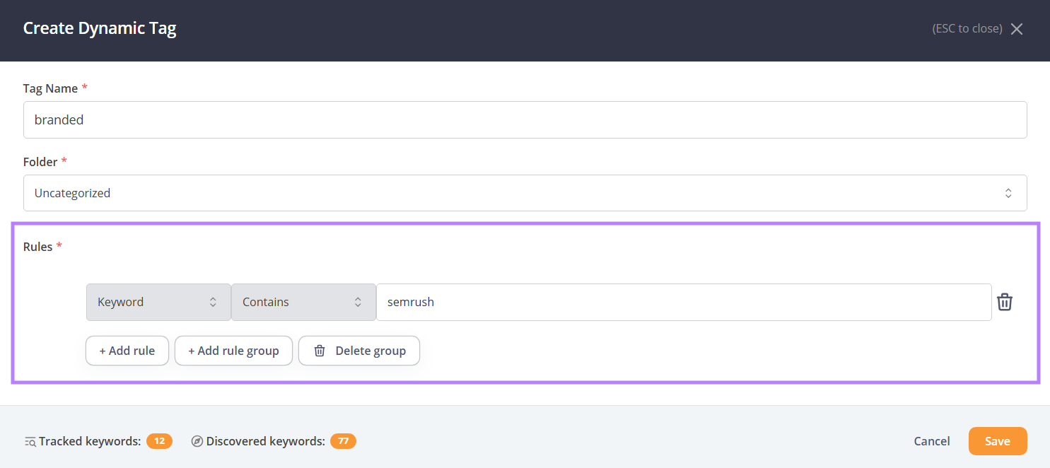 Create dynamic tag settings include rules.