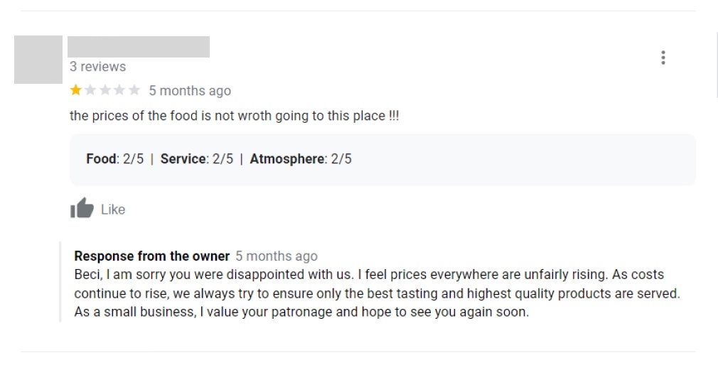 The owner of a small, local bakery responding to a negative review