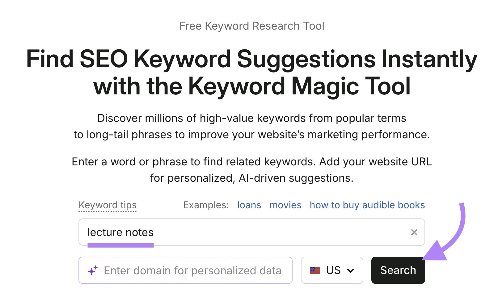Keyword Magic Tool with "lecture notes" entered as the seed term and "Search" clicked.