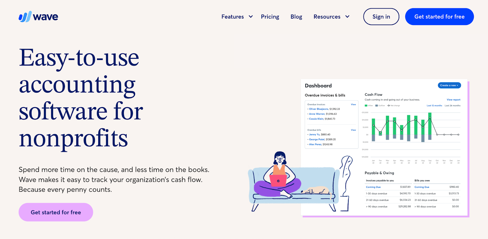 The landing page's headline says, "easy to use accounting software for nonprofits."