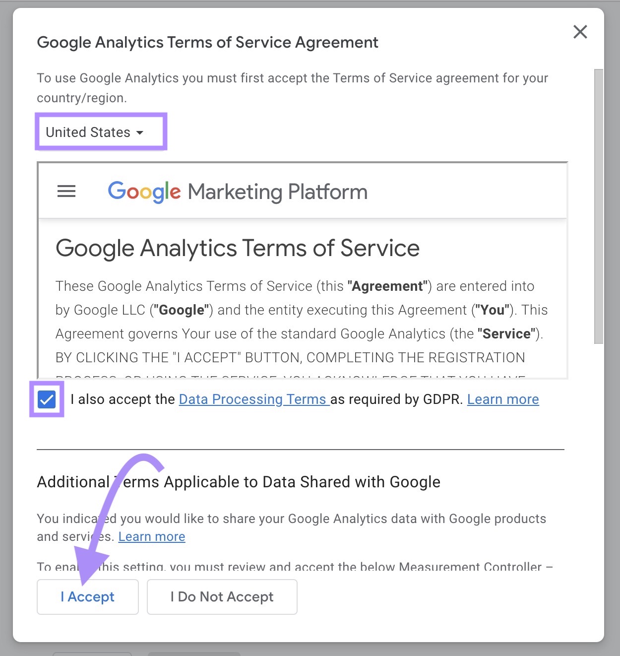 Google Analytics’ terms of service pop-up window