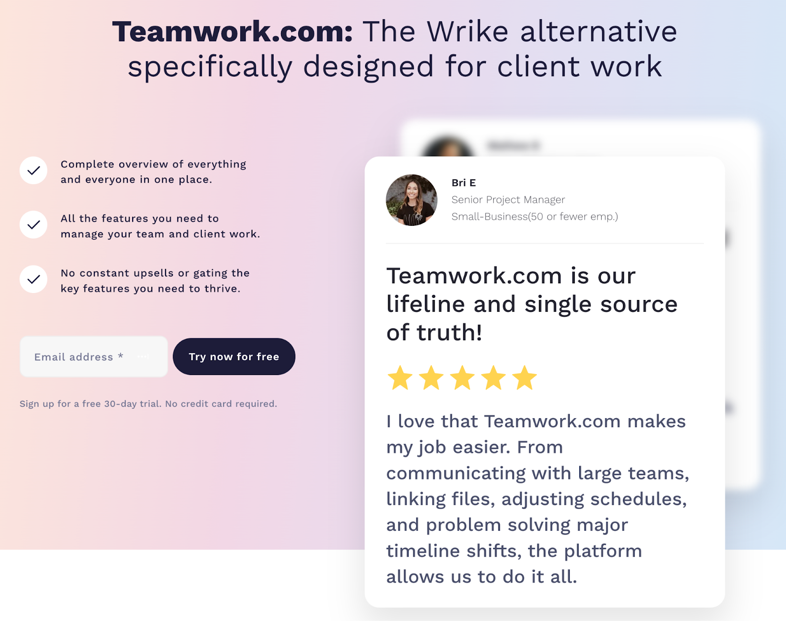The headline says, "Teamwork: The Wrike alternative specifically designed for client work." The hero includes testimonials and benefits.