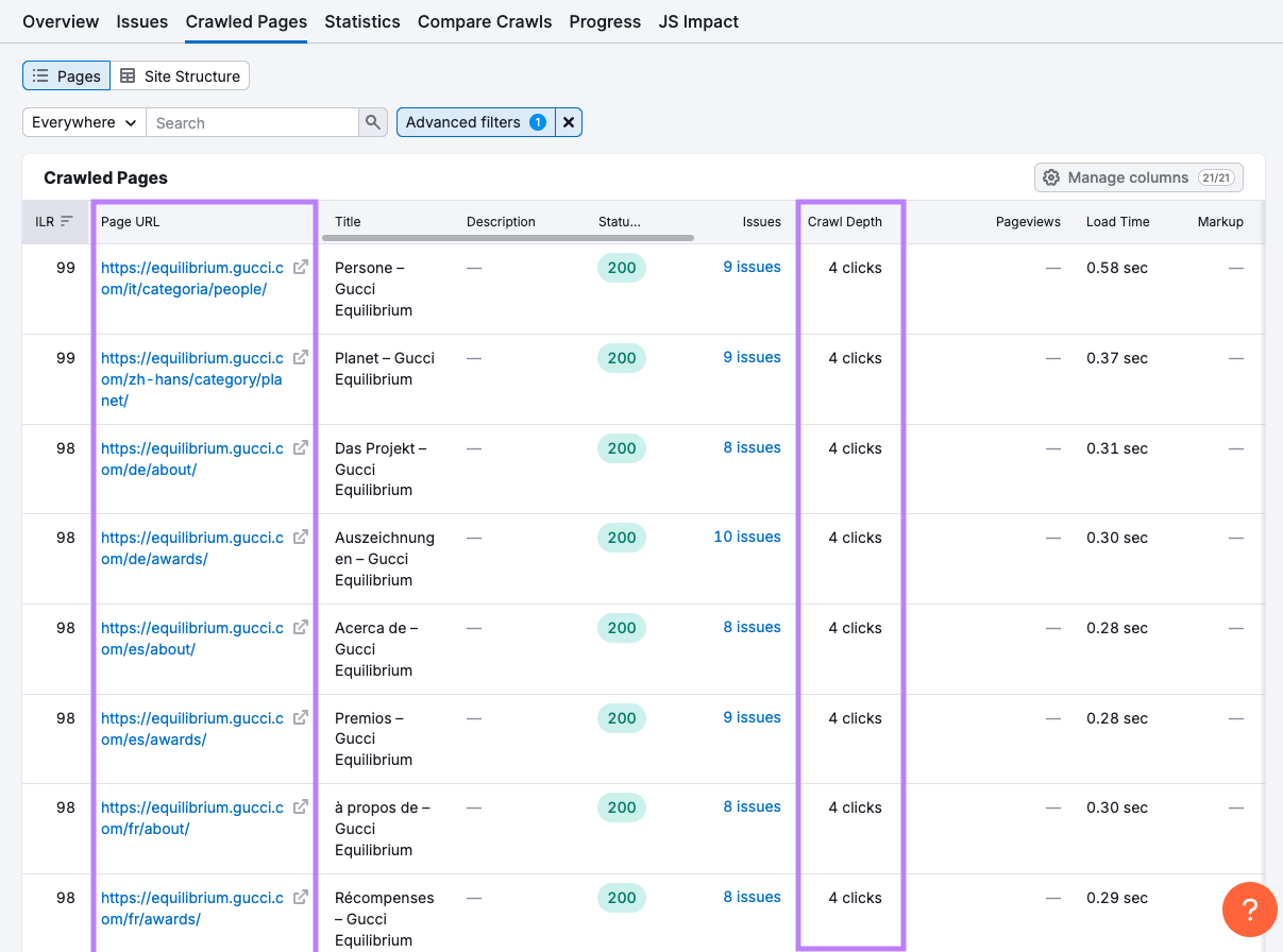 Checking for links with more than 3 clicks in Crawled Pages report