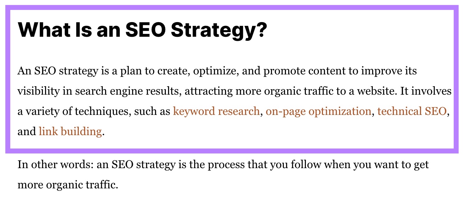 The source page and section of a featured snippet with the question formatted as the heading with the answer to the question directly below.