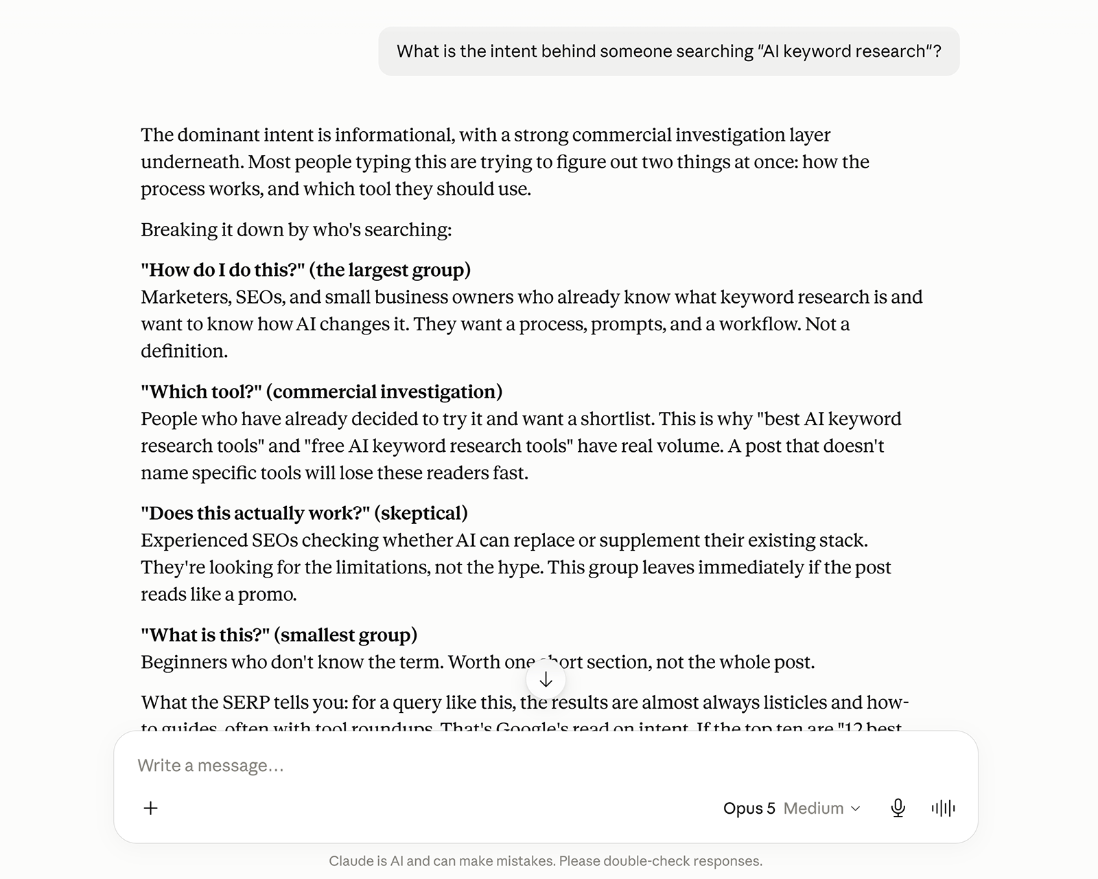 Claude breaking down AI keyword research search intent by user goals and audience types