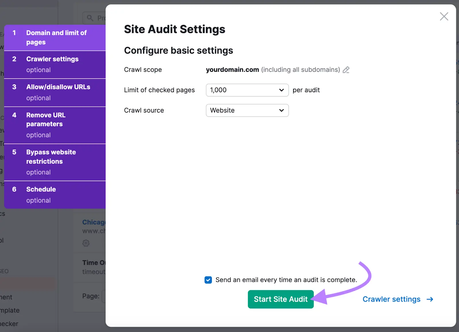 Site Audi settings popup with arrow pointing to Start Site Audit button.