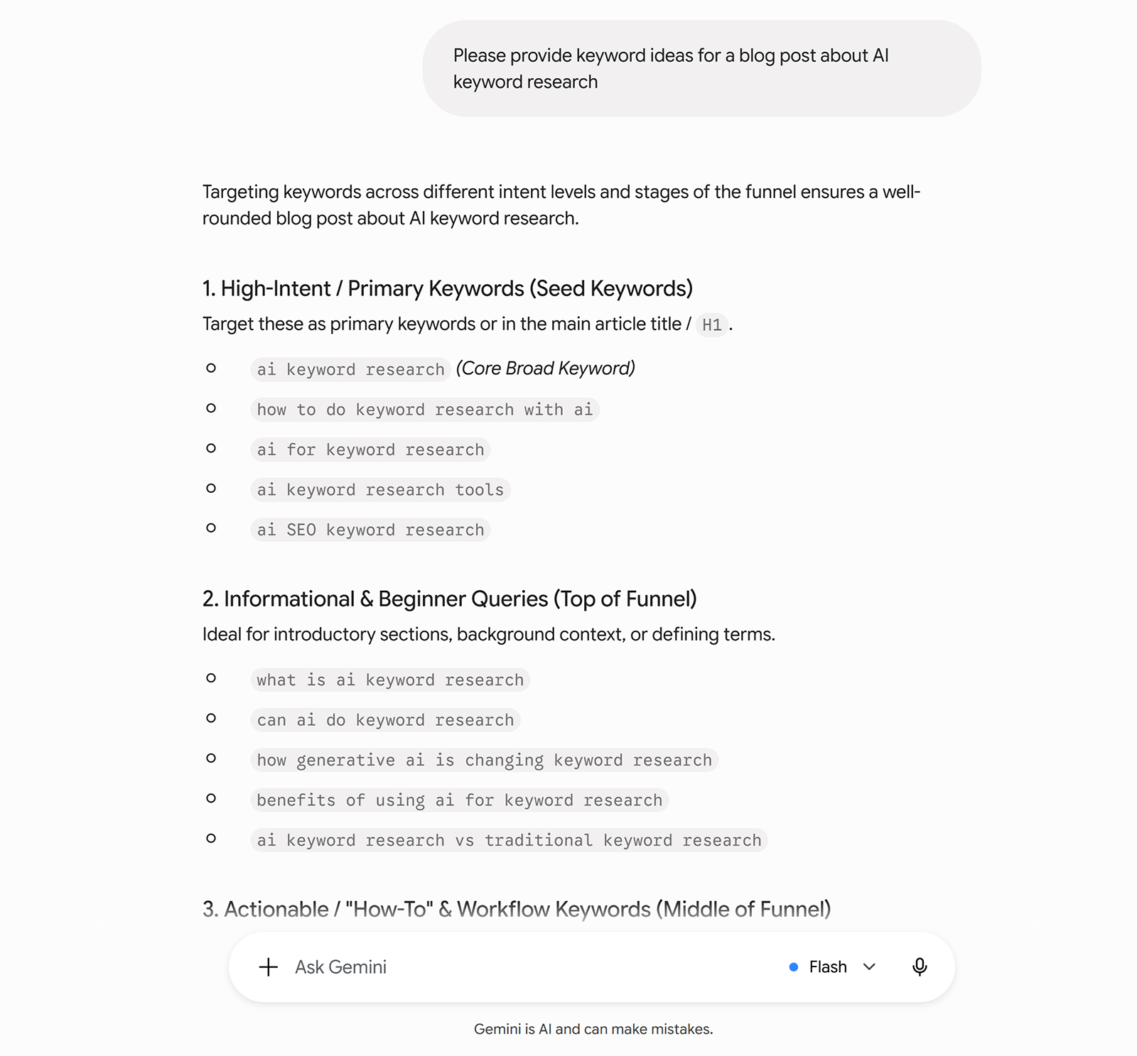 Gemini grouping AI keyword research terms into primary, informational, and workflow keywords
