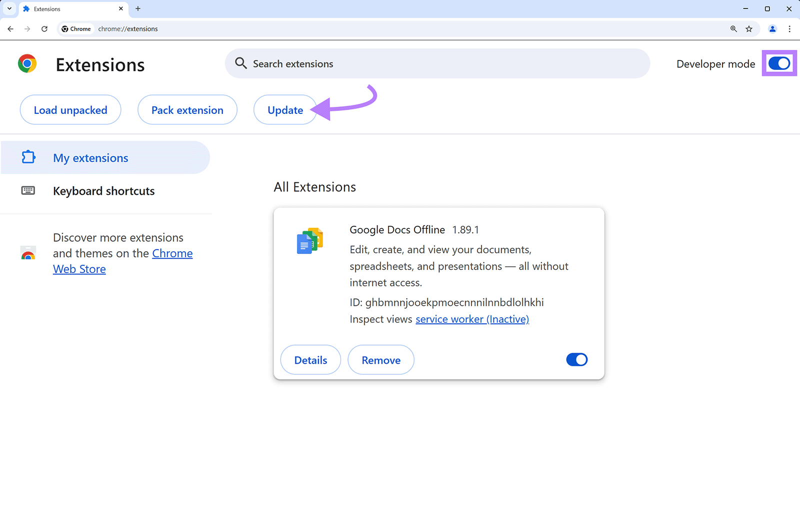 Chrome extensions management page with Developer mode toggled on and arrow pointing to Update button