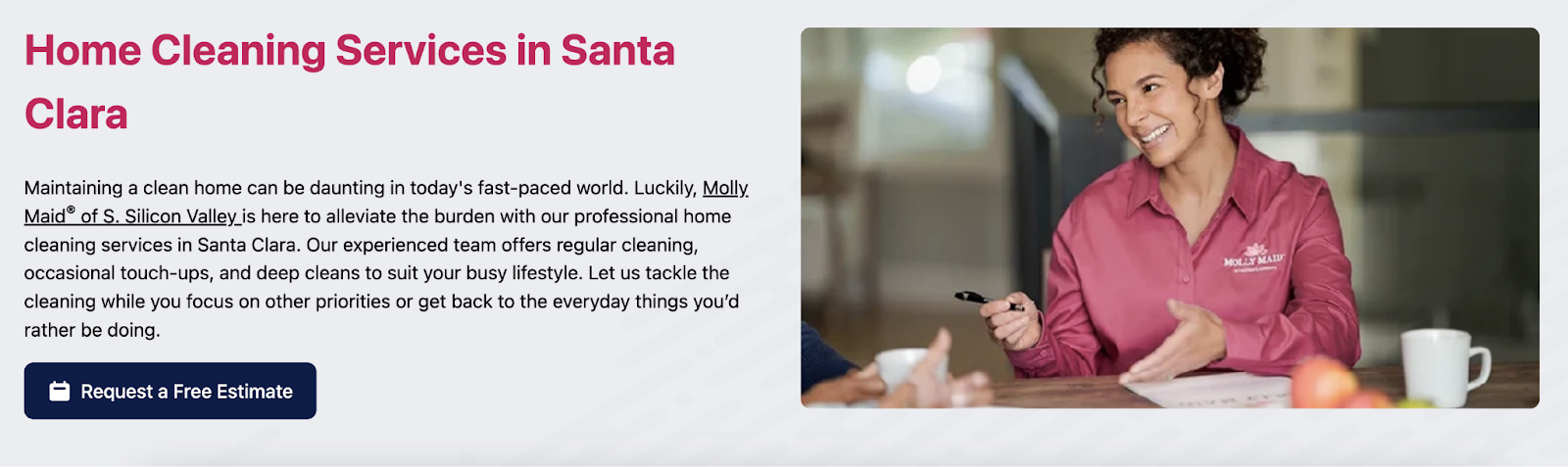 The location's hero includes an image of a friendly face, a button to request a free estimate, and specific copy for the location.