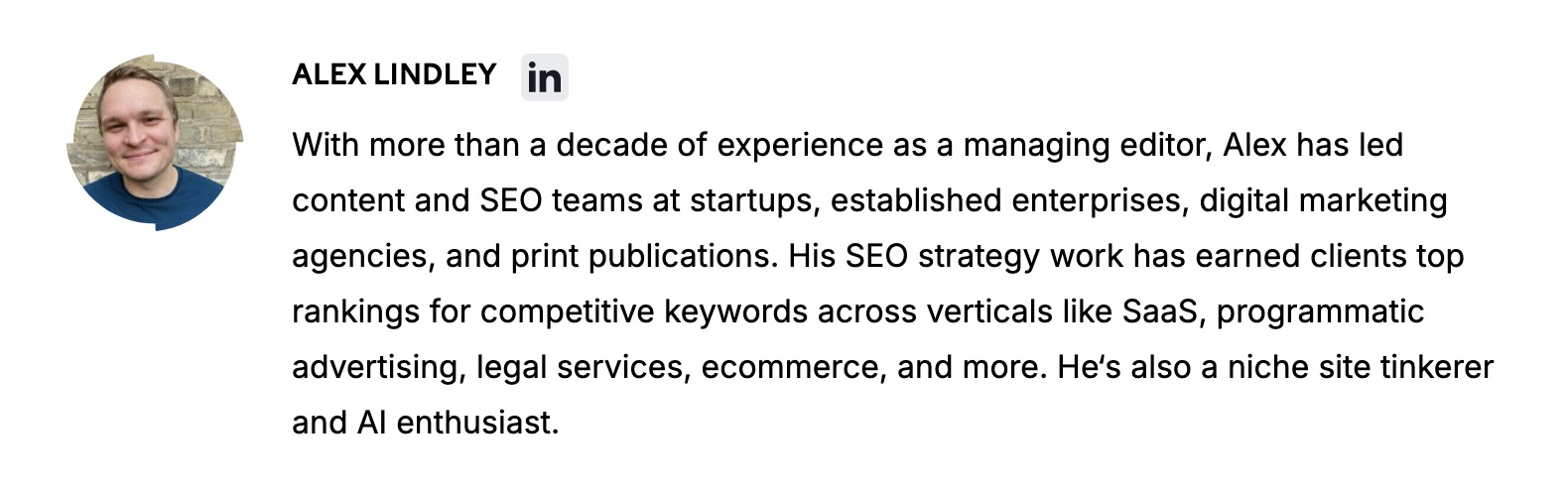 An author bio on Semrush which includes a photo, a descriptive bio detailing their experience, and a link to their LinkedIn profile.