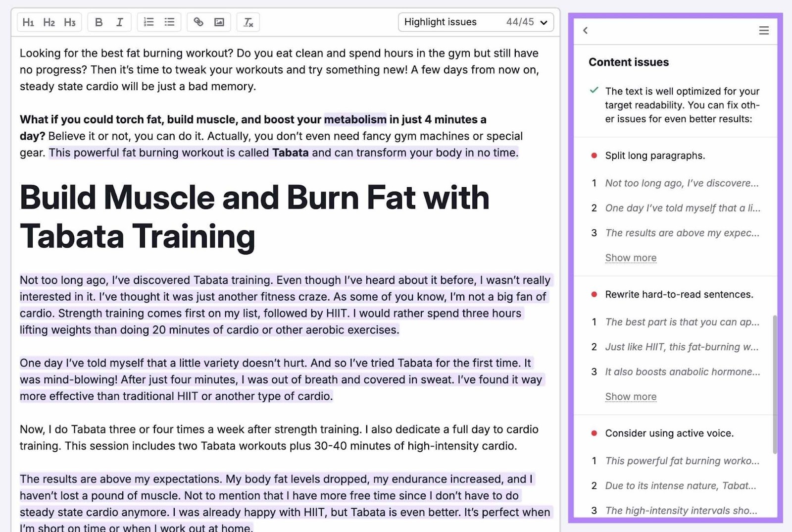 Readability tips including suggestions to split long paragraphs, to use active voice, etc. highlighted on the SEO Writing Assistant.
