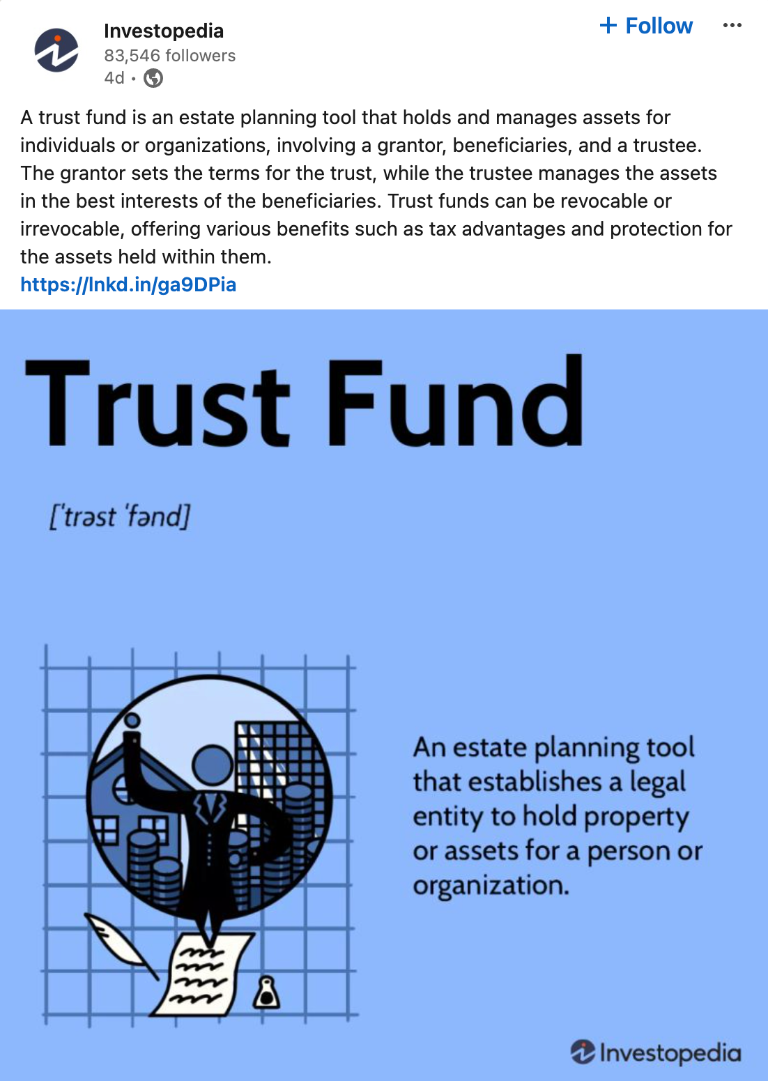 Investopedia LinkedIn post talks about what a trust fund is and is paired with a graphic explaining the definition