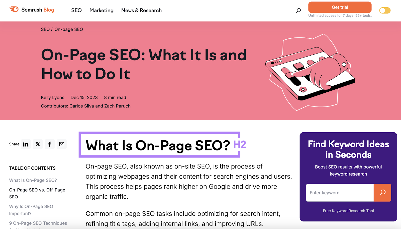 The H2 is highlighted in the live blog post.