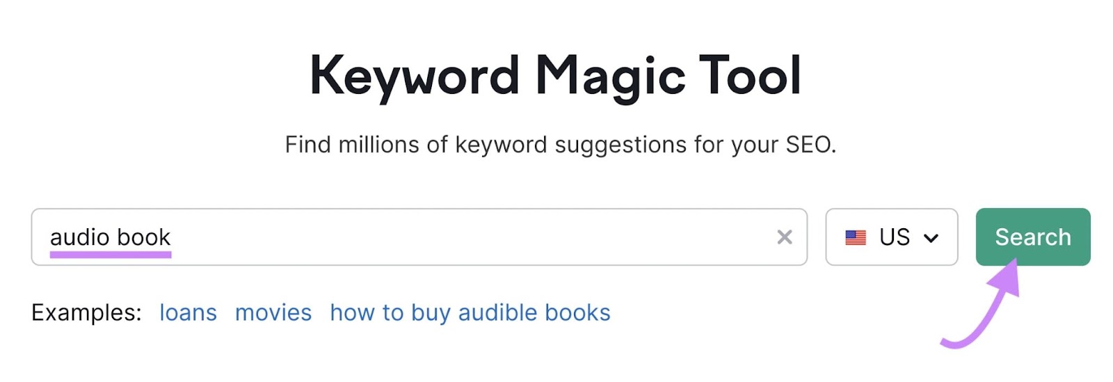"audio book" entered into the Keyword Magic Tool search bar