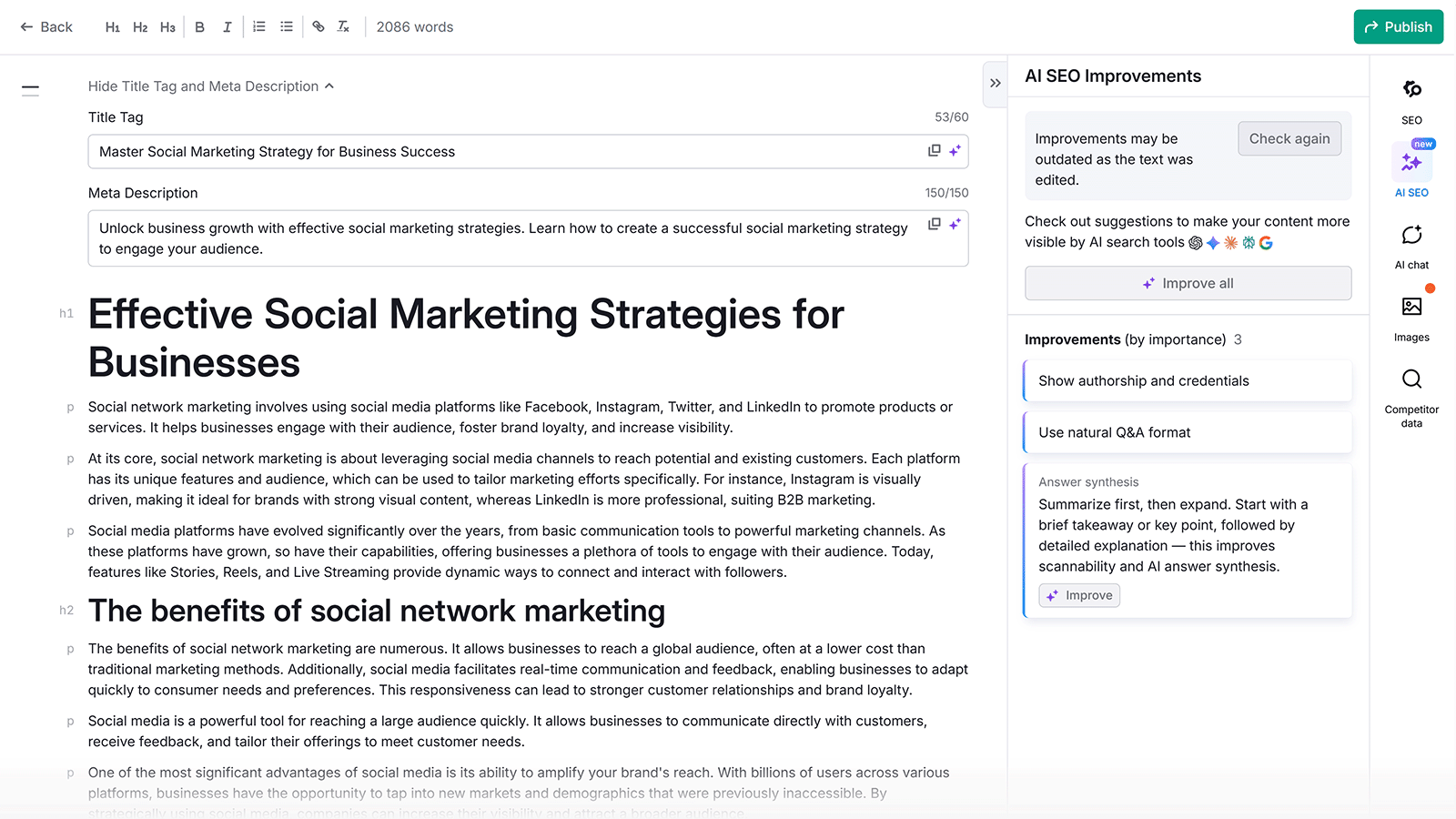SEO content editor showing title and meta fields, article draft, and AI SEO improvement suggestions alongside the content.