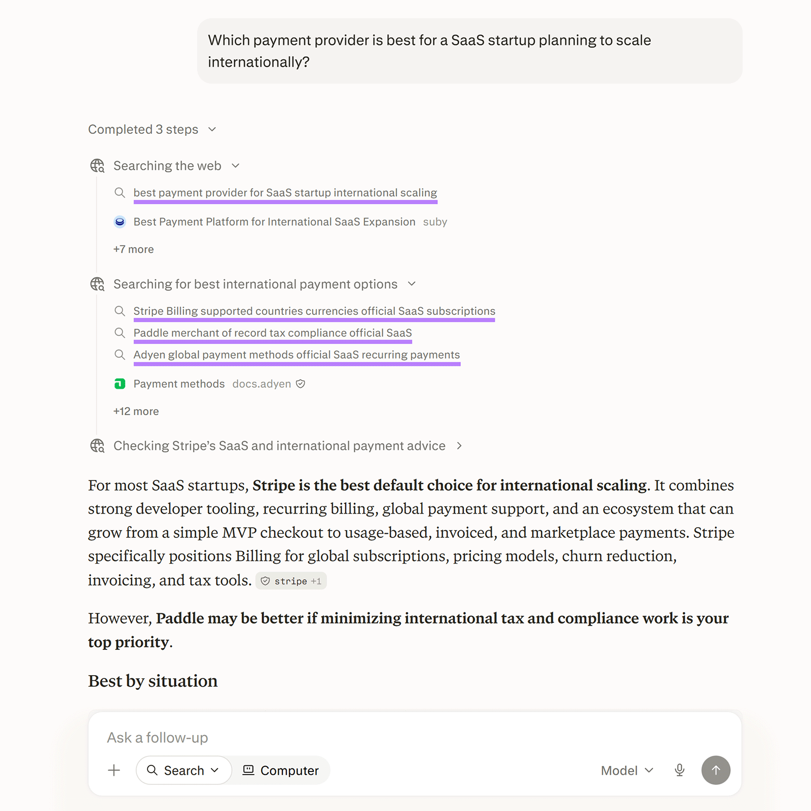 Perplexity query fan-out for a SaaS payment provider prompt, with searches on Stripe, Paddle, and Adyen