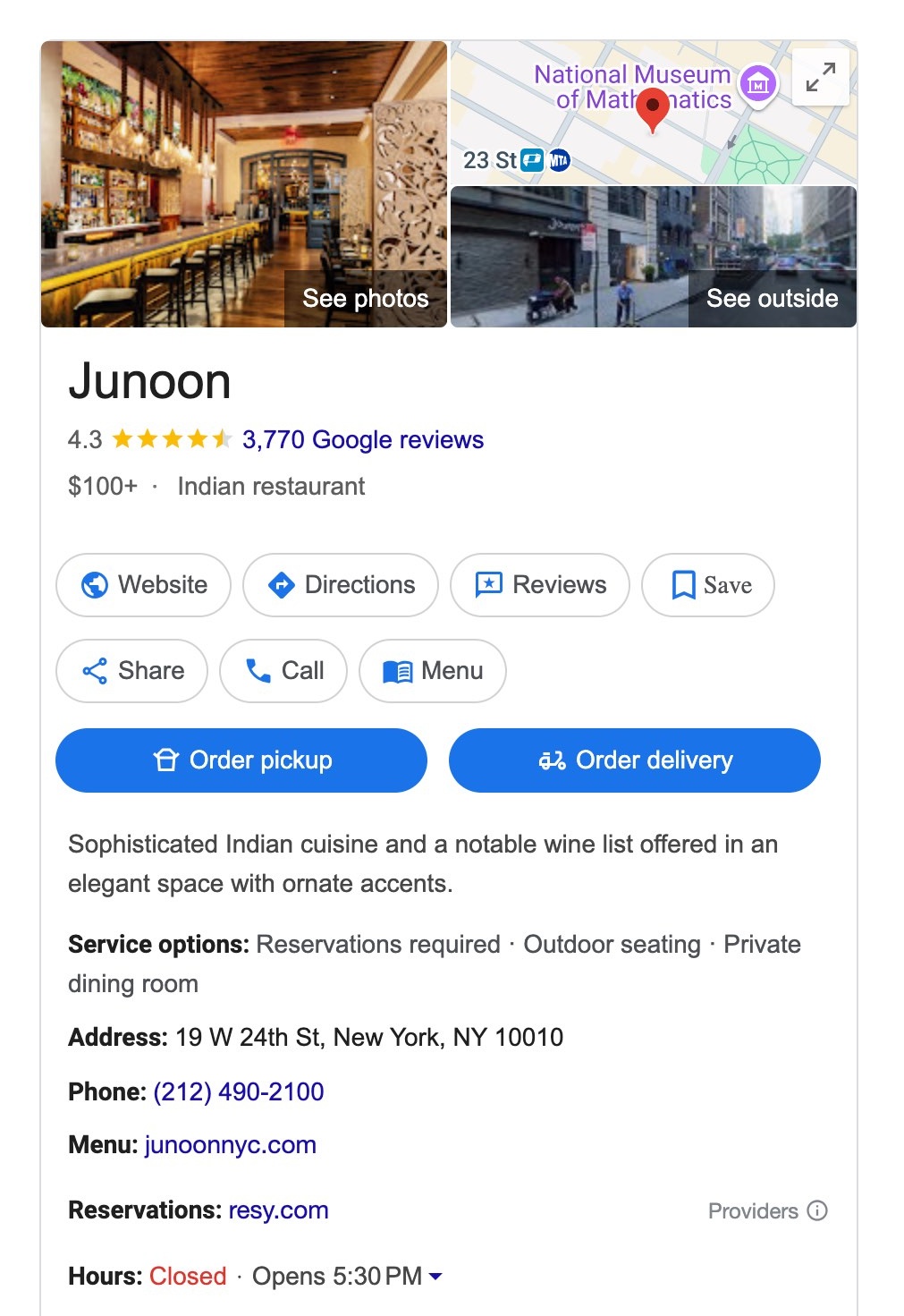 A Google Business Profile listing with information like their service options, address, phone number, links to their website, menu, etc.
