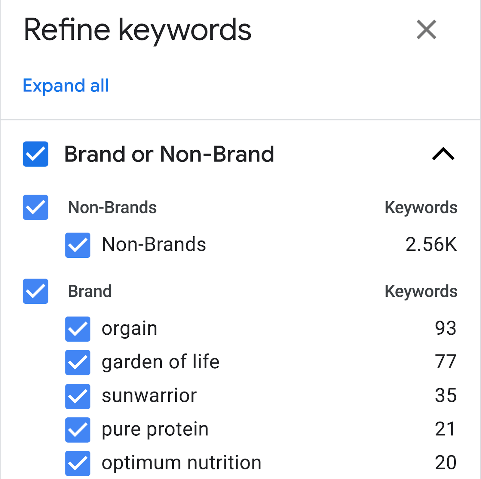 "Refine keywords" filter window