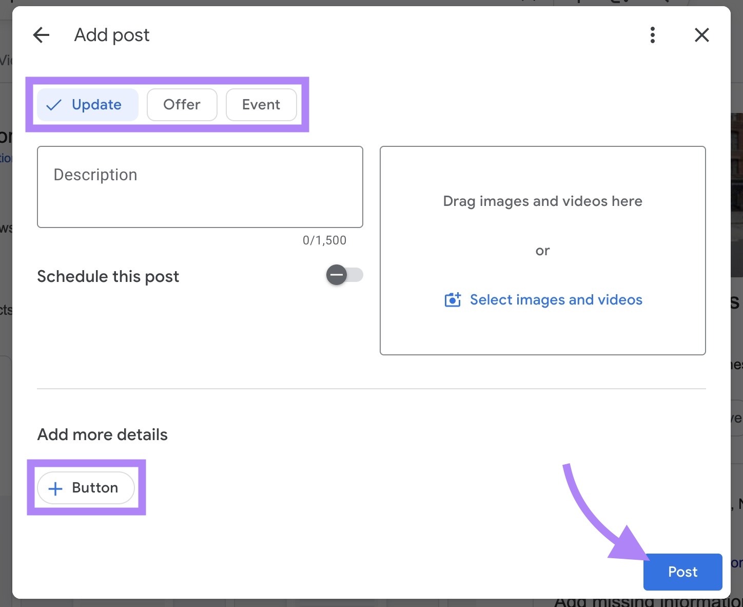 The "Add post" window on GBP with the options to select the post type, add a CTA, and "Post" highlighted.