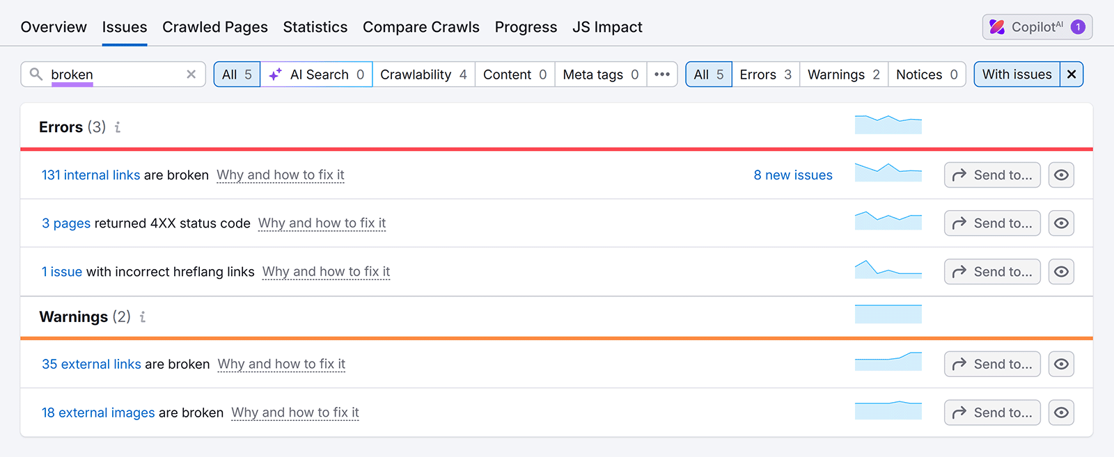 Site Audit Issues tab filtered for “broken,” showing errors and warnings for broken links and pages.