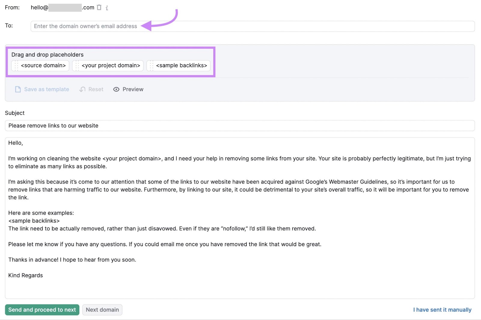 An email window in Backlink Audit tool, with an email body example