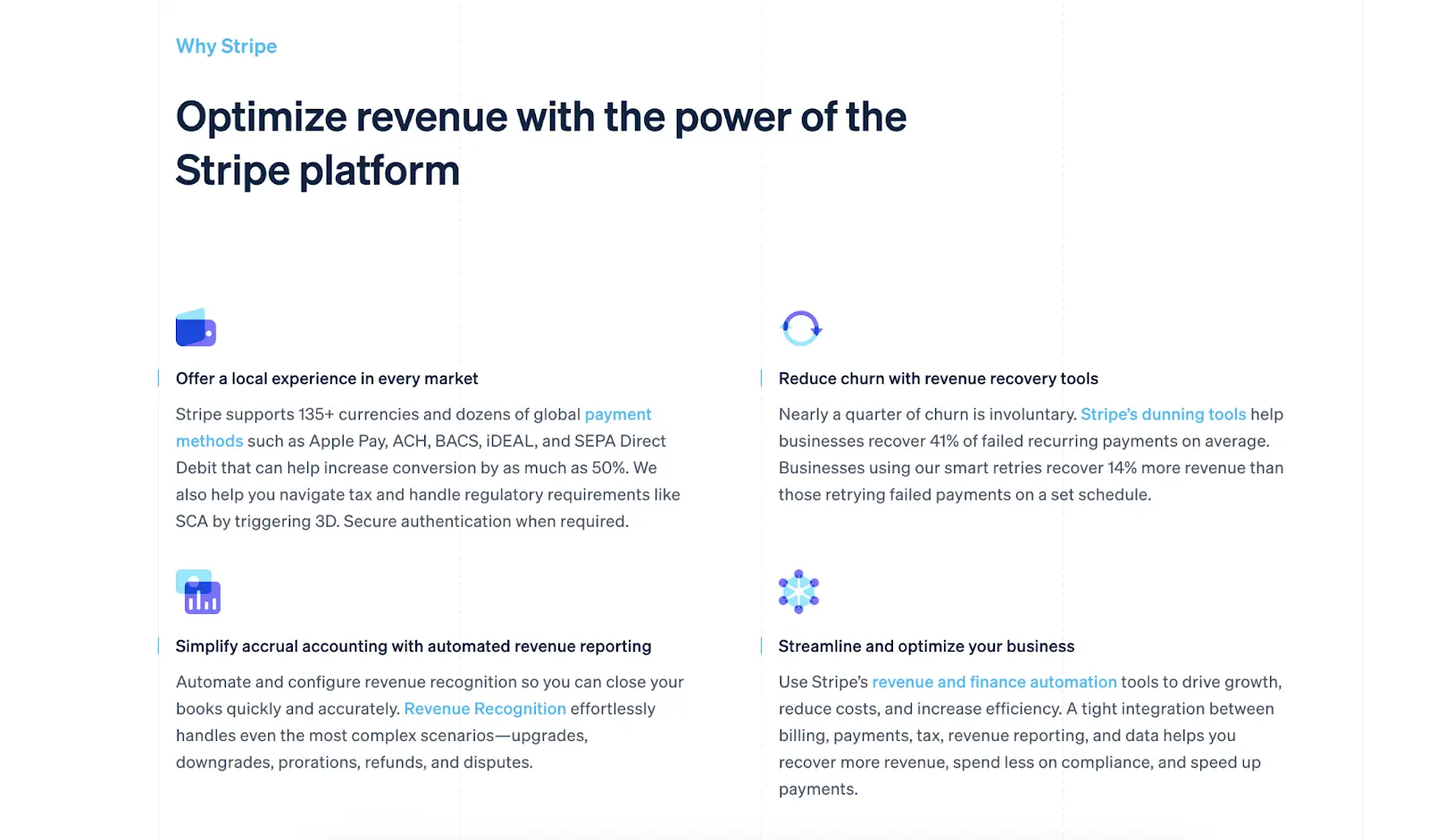 Stripe webpage highlighting global payments, revenue recovery, automated reporting, and finance automation features