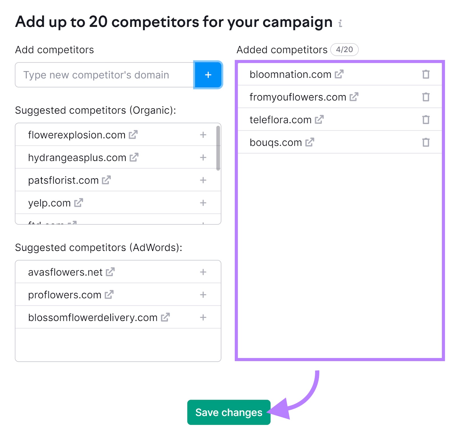 Position Tracking tool showing the "Add up to 20 competitors for your campaign" window.