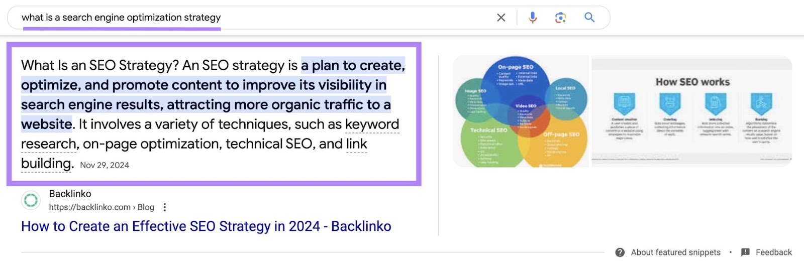 Google SERP for the term "what is a search engine optimization strategy" triggering a paragraph snippet.