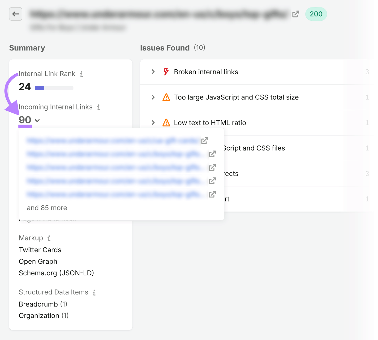 Semrush page details showing an Internal Link Rank of 24 and 90 incoming internal links