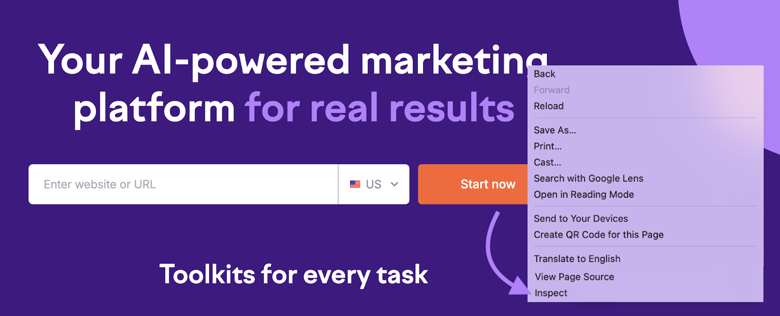Inspect is highlighted in the right-click menu.