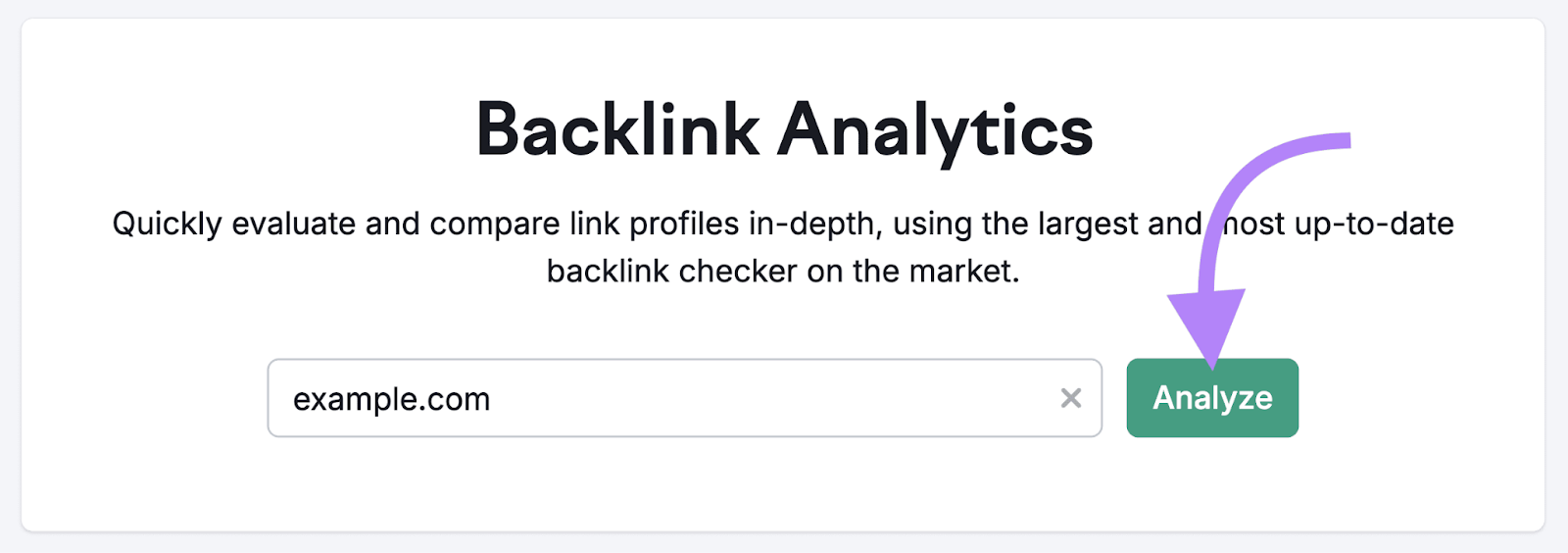 Backlink analytics tool with "example.com" inputted and "Analyze" highlighted