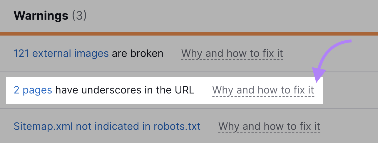 URL issues found in Site Audit tool