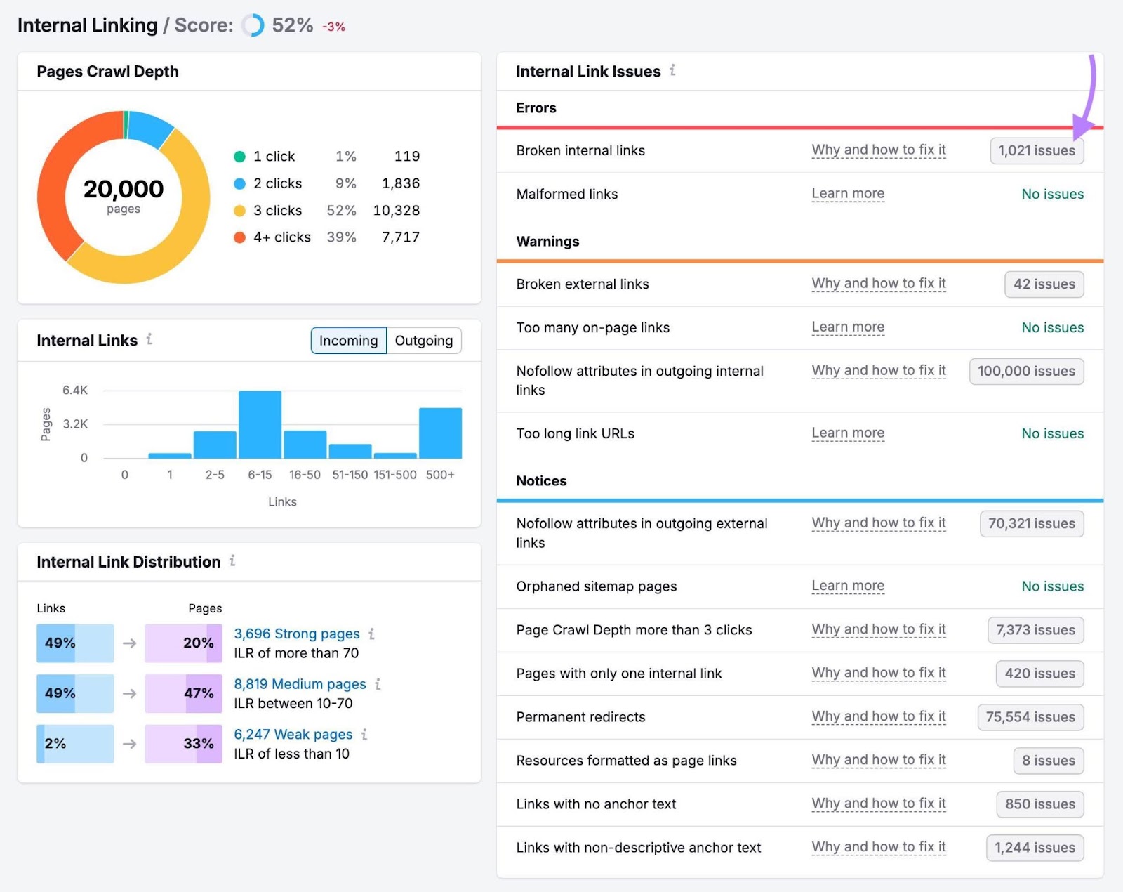 Internal Linking report on Site Audit with the broken internal links errors clicked.