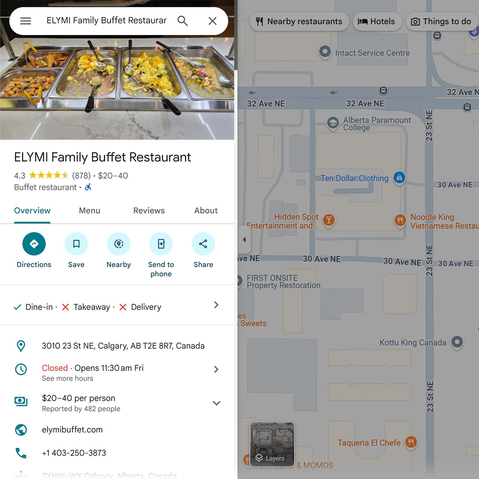 Elymi Google Maps business profile listing with buffet tray photo, details, and nearby map