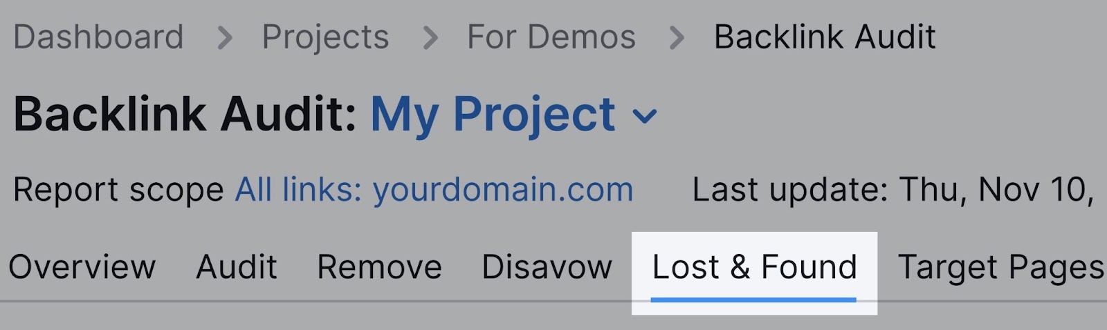 “Lost & Found” tab in Backlink Audit tool