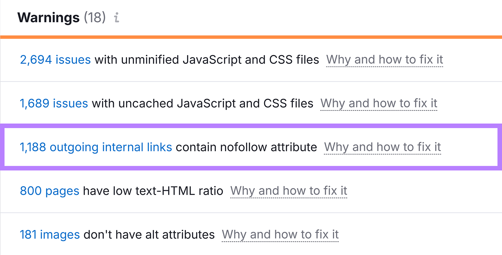 Site Audit Issues page Warnings section with 1,188 outgoing internal links contain no follow attribute row highlighted