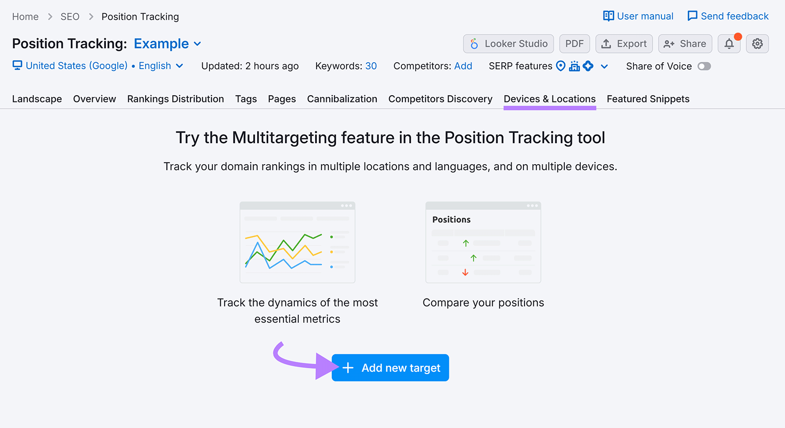 Devices & Locations tab selected with arrow pointing to "Add new target" button.