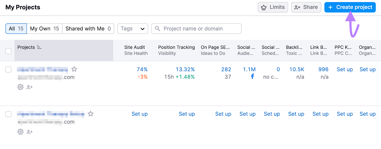“+ Create project” button highlighted on Project Dashboard