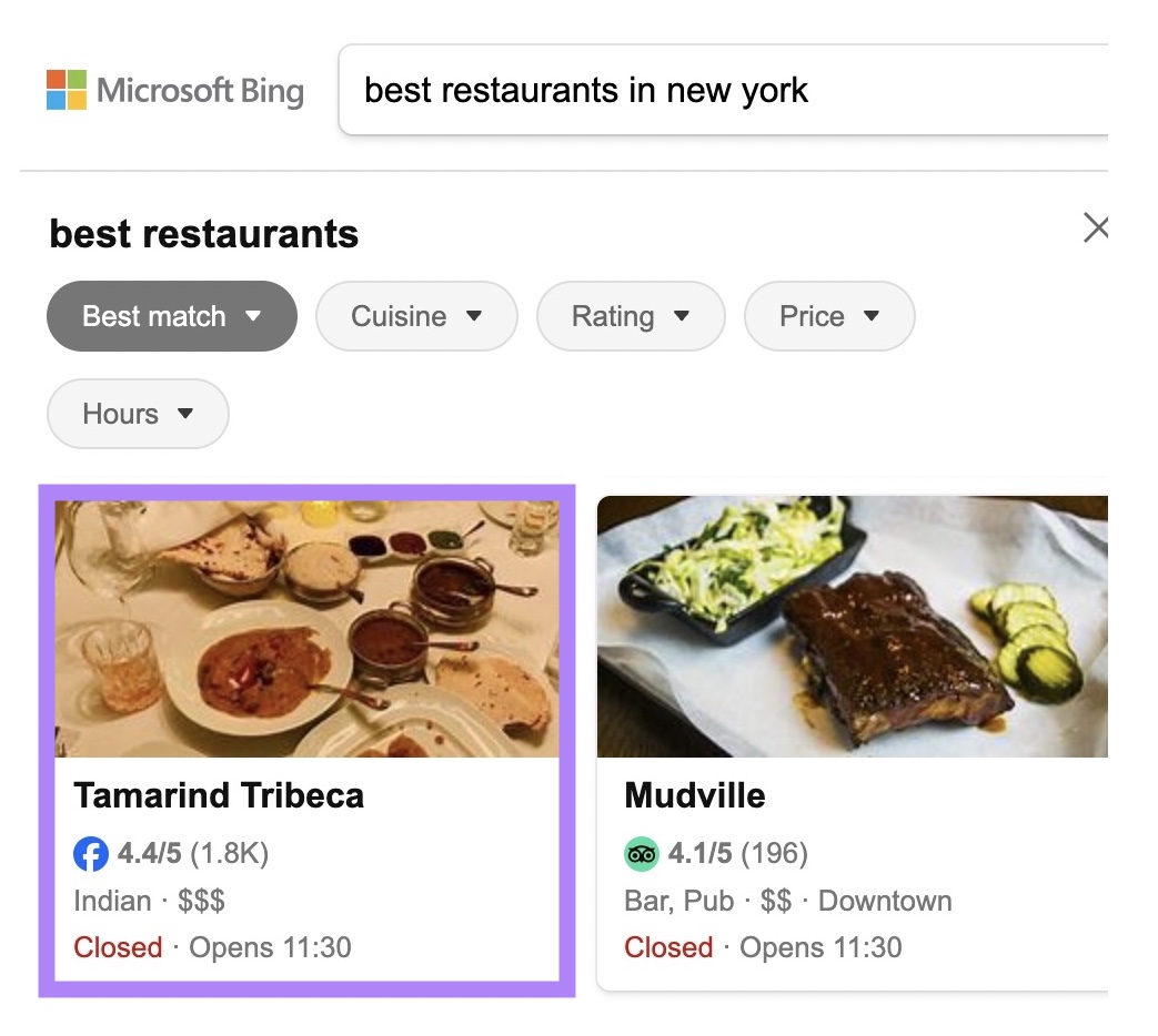 Bing SERP pulling local search results directly from Facebook listings.