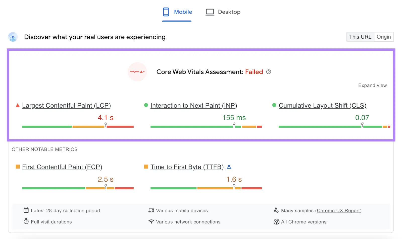 Core Web Vitals Assessment showing metrics like Largest Contentful Paint, Interaction to Next Paint, and Cumulative Layout Shift.