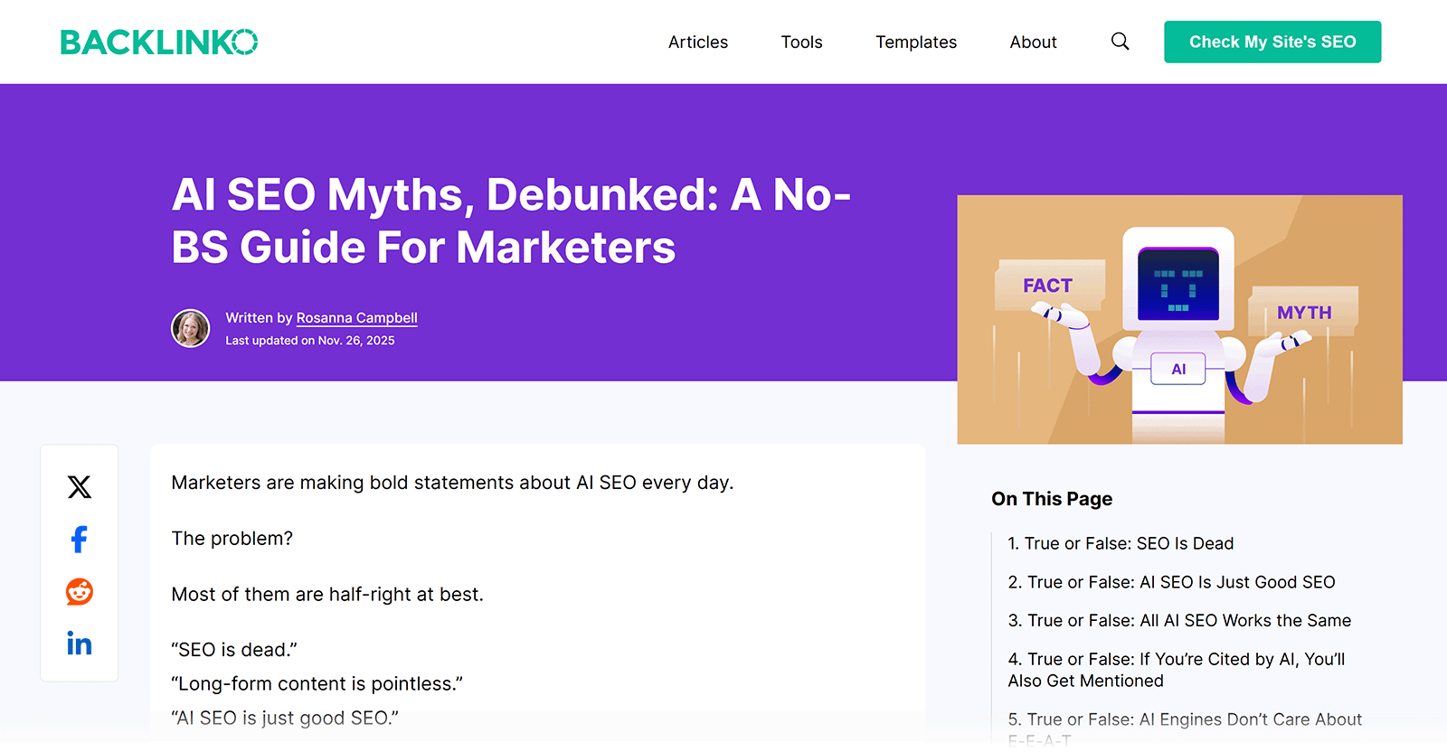 Educational blog post on AI SEO myths by Backlinko.