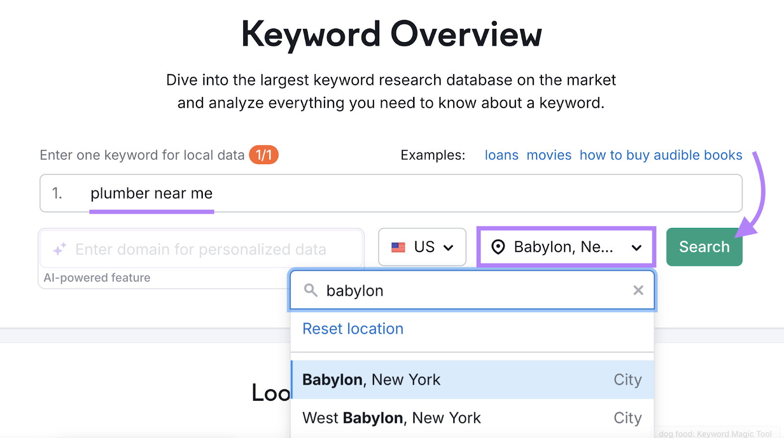 Keyword and location are selected in the tool.