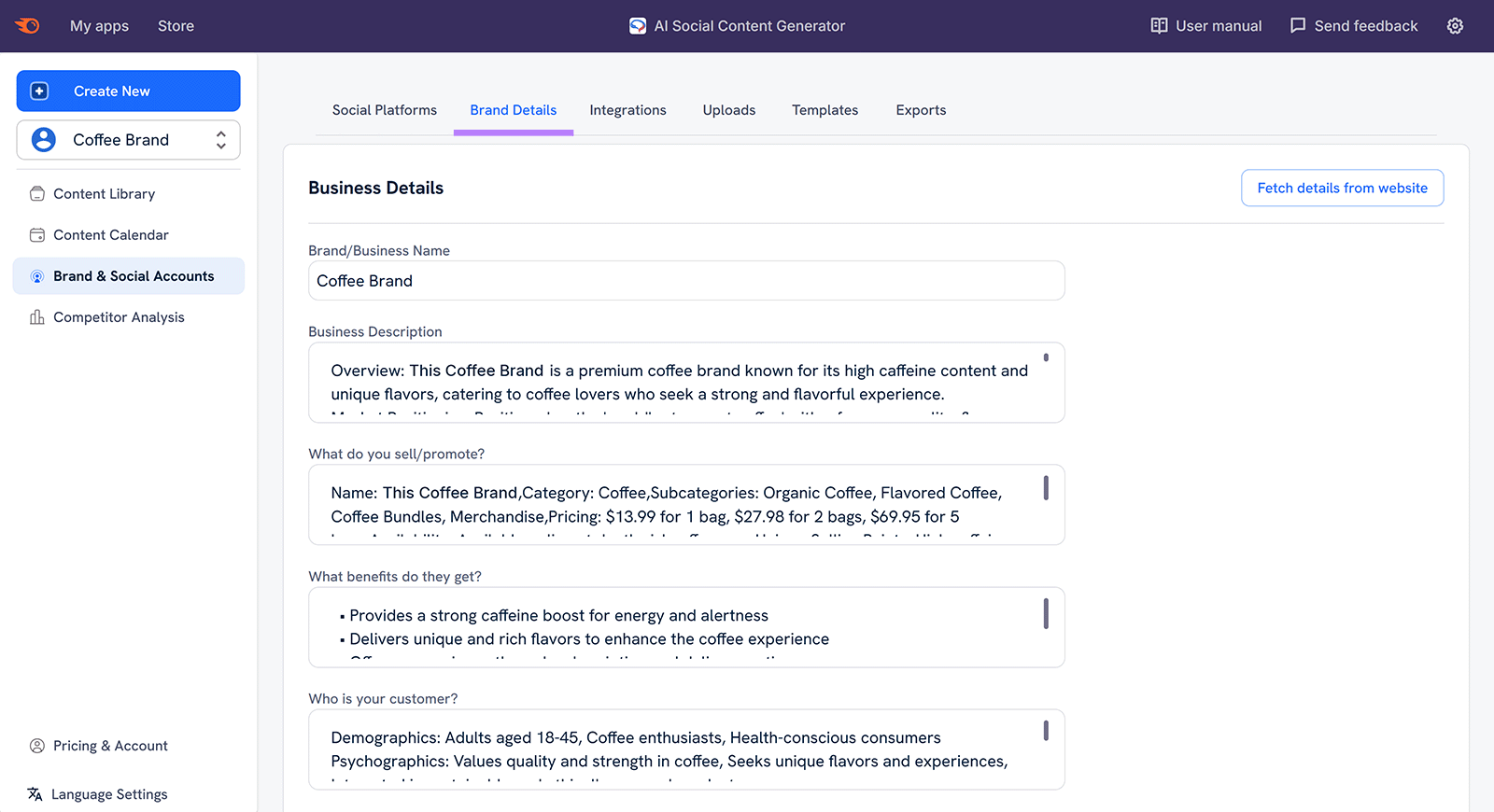 Brand setup screen displaying business details form with fields for name, description, products, and audience.