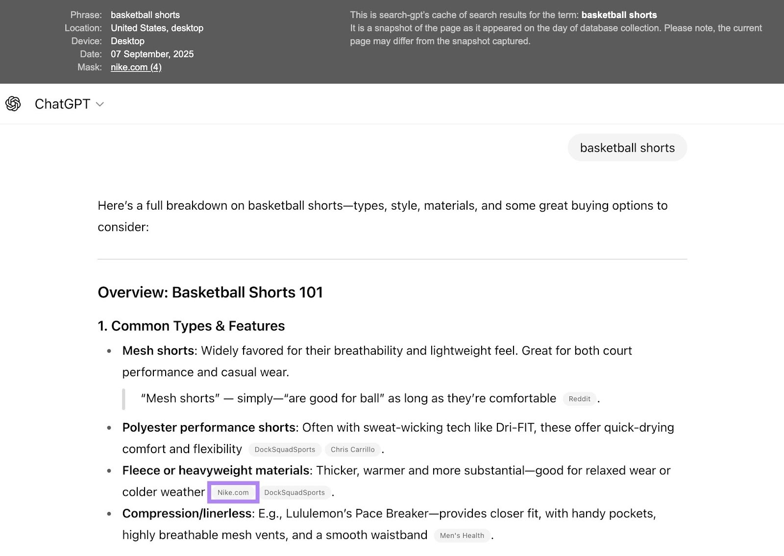 A cached version of ChatGPT query and answer accessed from the Position Tracking tool.