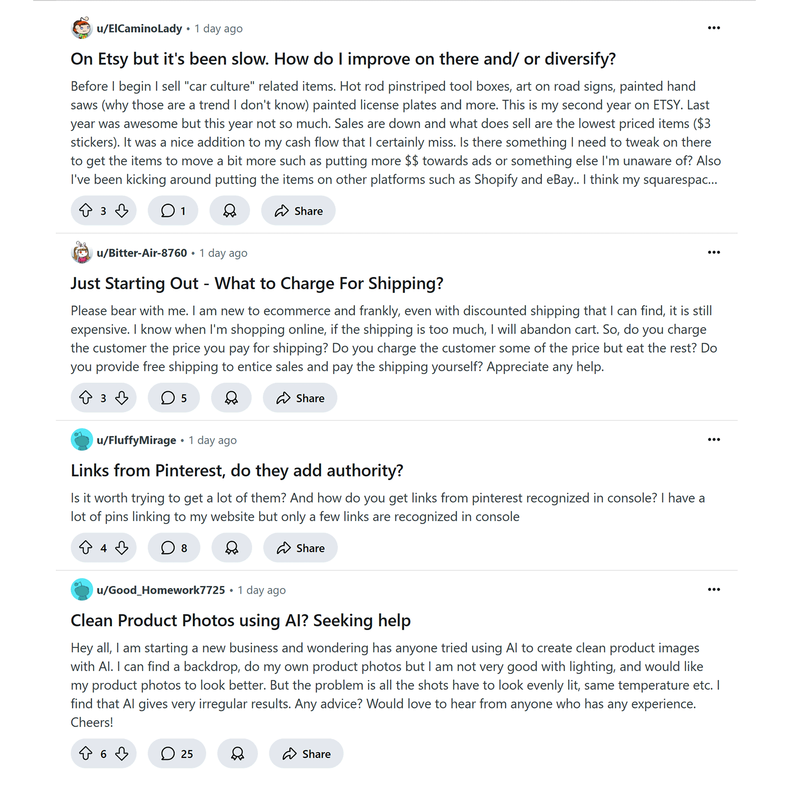 Reddit feed with posts asking about Etsy sales, shipping costs, Pinterest links, and AI product photos.