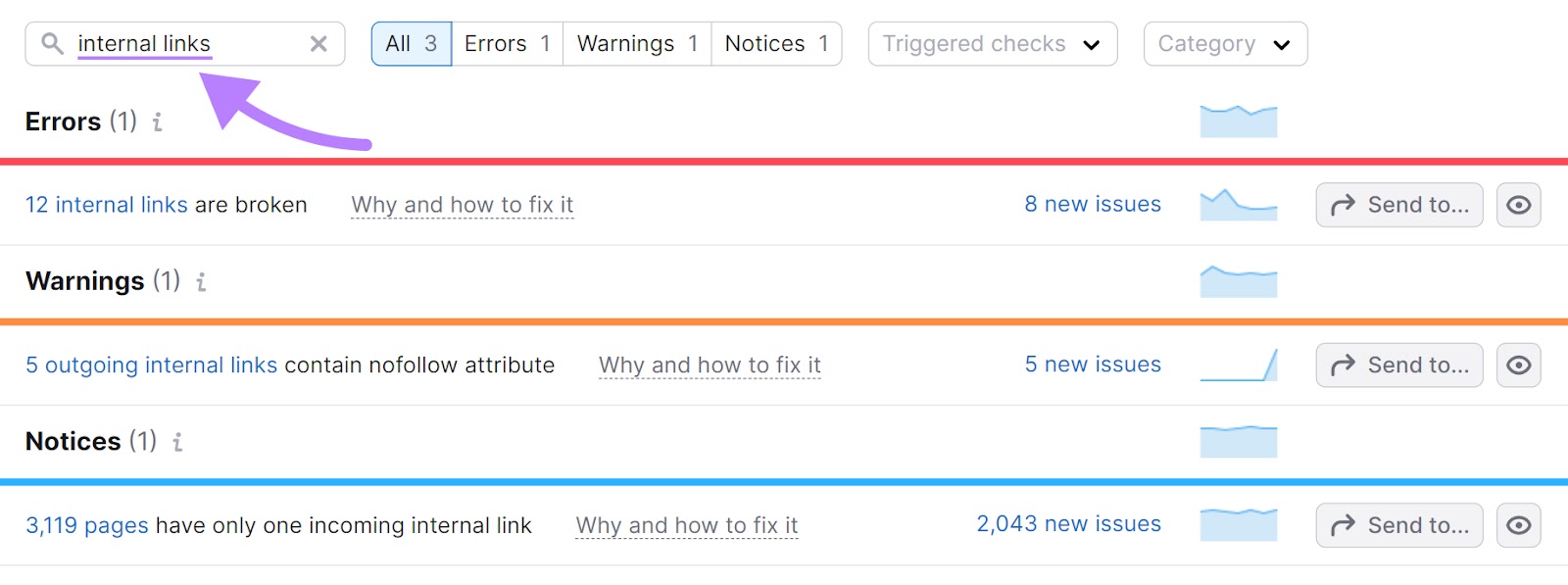 Results for "internal links" under "Issues" tab
