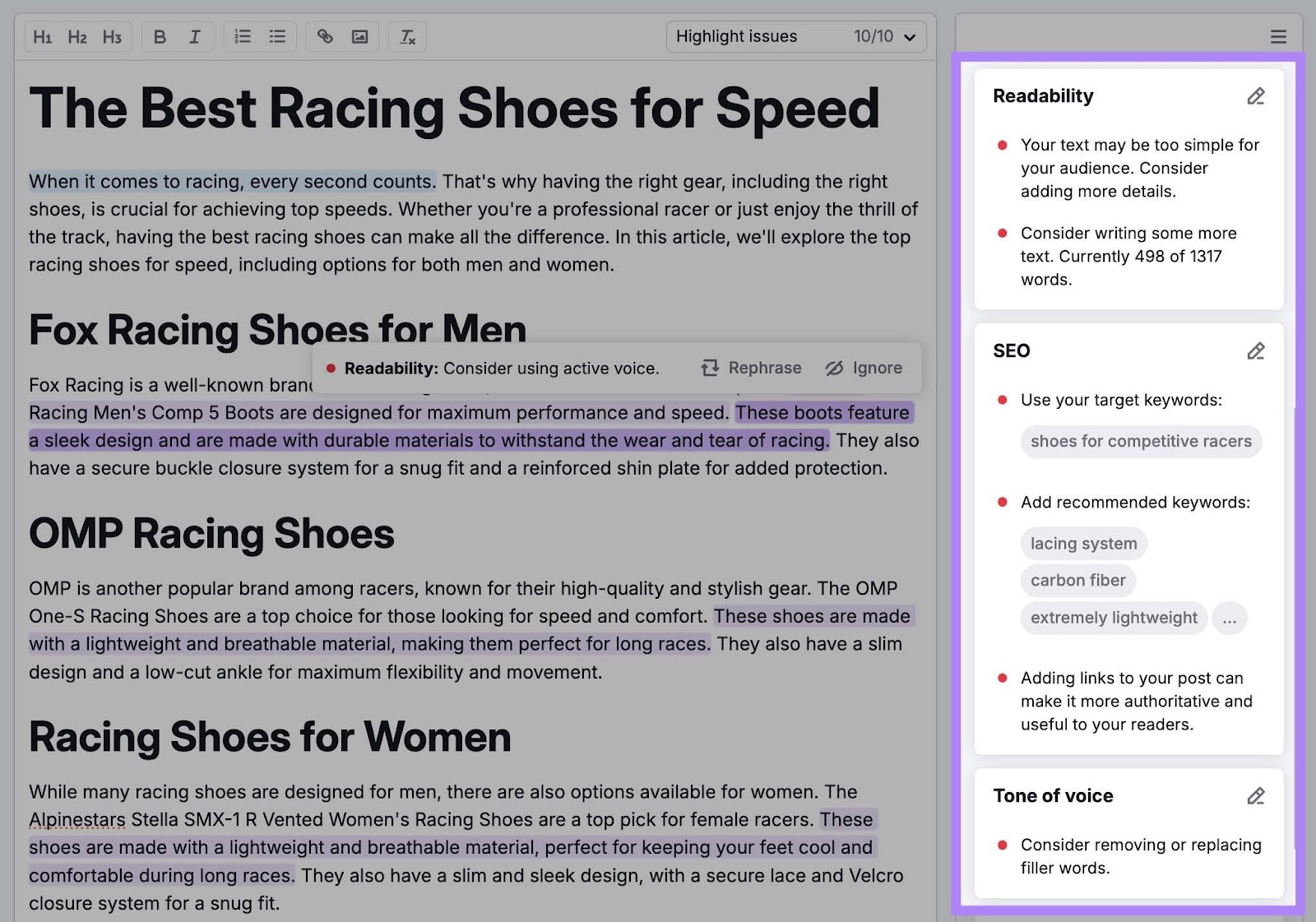Recommendations to improve a blog post on SEO Writing Assistant including specific readability, SEO, and tone of voice tips.