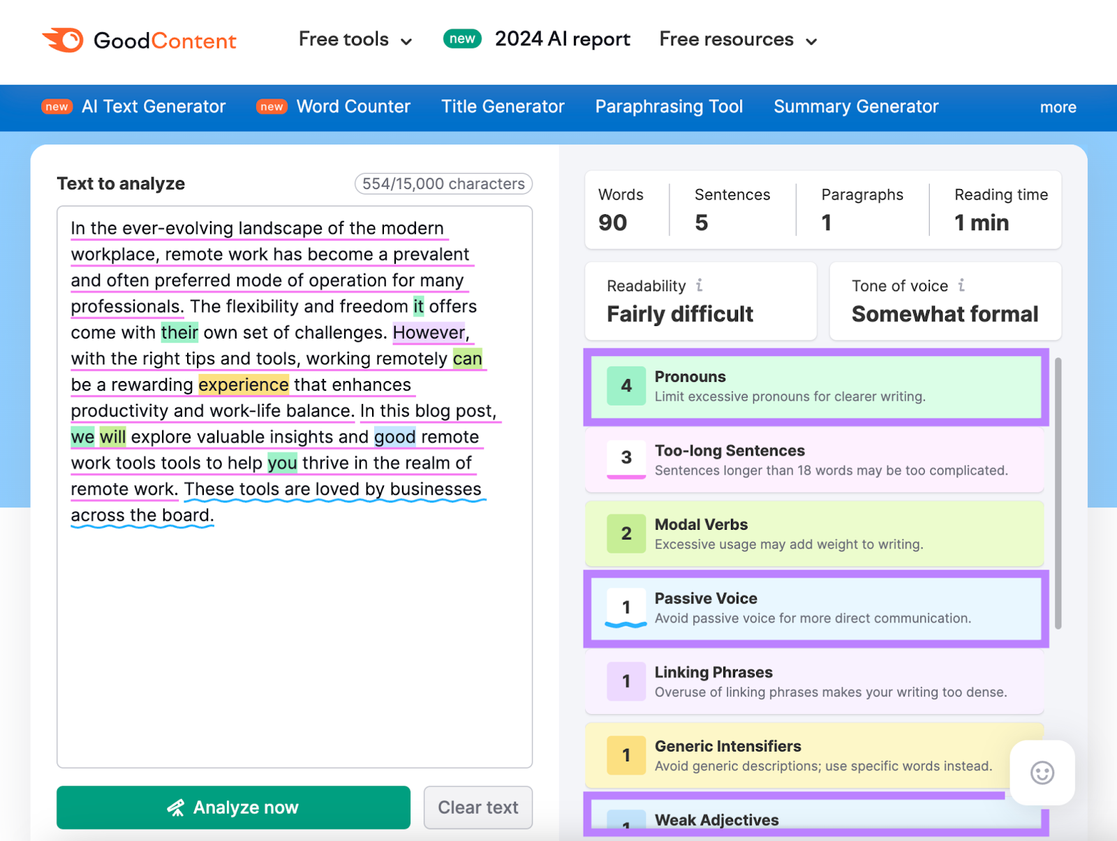 Passive voice, excessive pronouns, and weak adjectives highlighted in Semrush's online proofreader