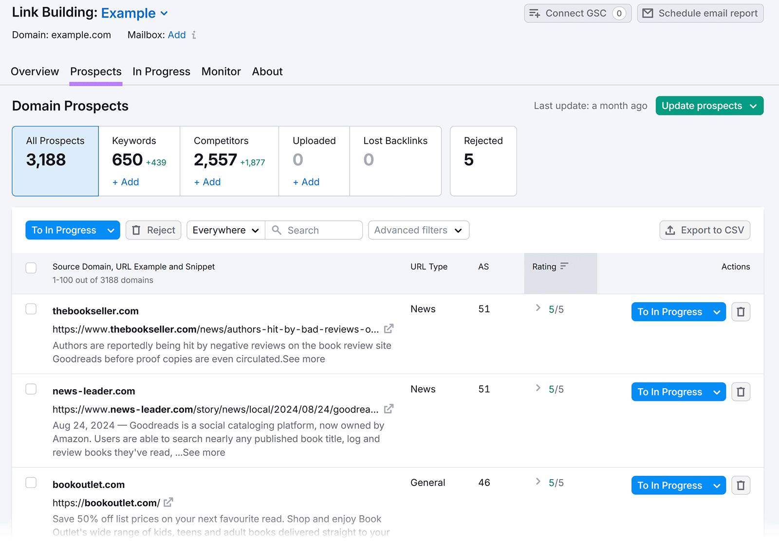 Link building dashboard listing domain prospects with ratings and outreach options.